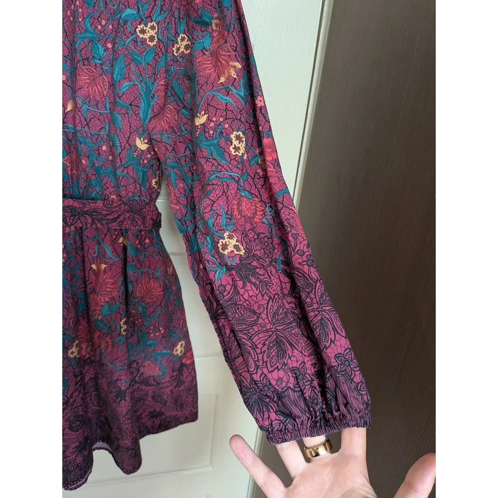 Celina Moon Floral Cotton Boho Belted Mini Dress Long Sleeve Burgundy Large